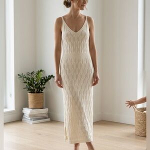 Handmade Crochet Pointelle Knit Maxi Dress Breathable Cotton Blend Small Boho